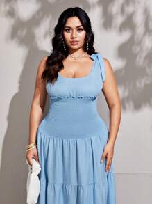 Viva Relle Plus Size Women Solid Smocked Ruffle Hem Sleeveless Elegant Dress - Baby Blue - View 3
