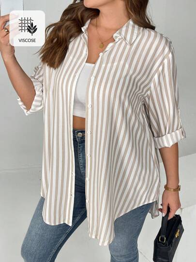 SHEIN Essnce Plusstorlekar Dam Vår- och sommarmode Casual Löst Dagligt Kaki Randig Långärmad Tunn Skjorta med Knappar, Vårkläder, Arbetstoppar, Kontorskläder, Damblus, Curved Toppar, Basskjorta, Gammaldags Dam, Lärarkläder För Dam, Business Casual