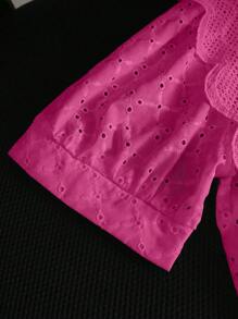 SHEIN LUNE 女士简约纯色单排扣镂空刺绣短袖休闲衬衫、办公室/工作服 - 玫紅色 - 查看 6