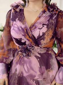 Modelyn Plus Size Women Elegant Printed A-Line Dress, Waist Defining, Slimming - Purple - View 4