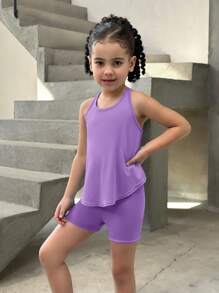 SHEIN 2pcs Young Girl Knitted Solid Color Fitted Tank Top And Shorts Sportswear Set