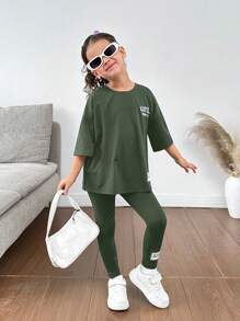 Young Girls & Young Girl Casual Matching Mother-Daughterl 2pcs/Set Letter Print Dropped Shoulder Round Neck T-Shirt And Pants, Casual Outfit, Great For Casual & Daily Wear & School Daily In Spring And Autumn,Valentine's Day,Mom And Daughter Matching,Sister And Me Matching