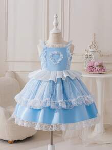 Glamorique Kids Invitată la nuntă Pageboy Fată de flori, Fetiță, Rochie de prințesă, Tiv din dantelă albastră fără mâneci, Țesătură din dantelă cu puncte, Țesătură cu textura satinată, Rochie superbă de petrecere de festival, Ocazie specială, Purtări zilnice, Spectacol pe scenă, Orientul Mijlociu, Europa și America