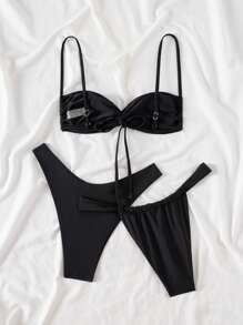 Swim Basics Women's 3 Pieces Black Nylon Simple Beach Vacation Style Bikini Set - Black - View 2