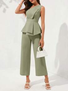 Ellevyn 1pc Women 2 Pieces Set: Asymmetrical Ruffle Waist Jumpsuit - Mint Green - View 9