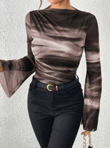 Chiquease Women's Autumn/Winter American Vintage Tie-Dye Mesh Printed Form-Fitting Ruched Decor Long Sleeve Base T-Shirt For Spring