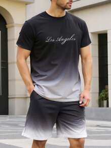 Manfinity Homme 2pc Set Plus Size Men's Summer Casual Ombre Letter Print T-Shirt And Shorts - Multicolor - View 1