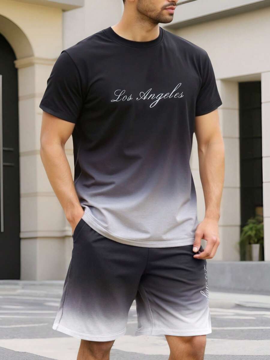 Manfinity Homme 2pc Set Plus Size Men's Summer Casual Ombre Letter Print T-Shirt And Shorts - Multicolor - View 1