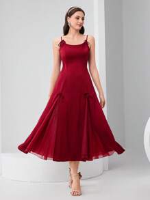 Modelyn Robe maxi élégante femme à couleur unie avec décor papillon - Rouge foncé - Voir 4