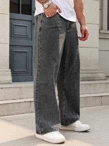 Manfinity Homme 男士加大码灰色牛仔裤：休闲基本款和长款拉链款式，适合日常舒适外出、通勤、工作、都市、emo 风格 - 灰色 - 查看 3