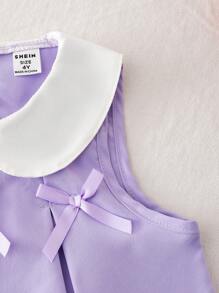 SHEIN Elladie kids 女孩紫色扎染褶皱可爱蝴蝶结装饰背心和时尚阔腿裤套装，适合休闲、通勤、简约风格 - 紫色 - 查看 5