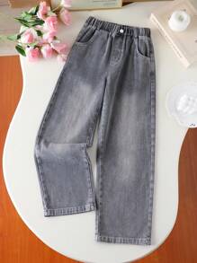 Tween Girls' Casual Washed Loose Straight Leg Jeans - Grey - View 1