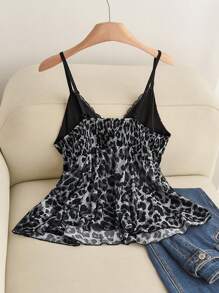 Elaquor Plus Size Fashionable Leopard Print Lace Trim Cami Top - Grey - View 2