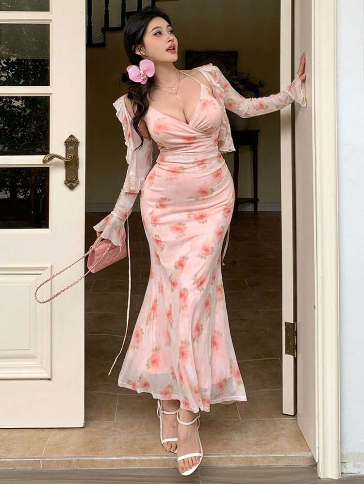 2pcs/Set Women Floral Printed Fitted Elegant Dress For Date Outfit, Summer