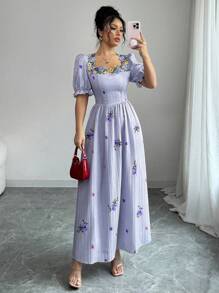 Mulvari 女士夏季假期花卉印花刺绣拼布方领泡泡袖连衣裙长款女装 - 藍色 - 查看 4