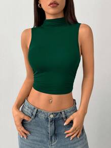 SHEIN PETITE Women Solid Color Pleated Collar Cropped Fitted Casual Tank Top - Green - View 4