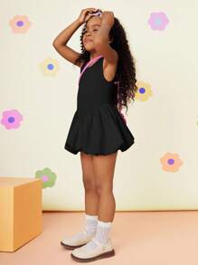 SHEIN Young Girl Fashion Solid Color Patchwork Round Neck Fitted Woven Dress - Black - View 3