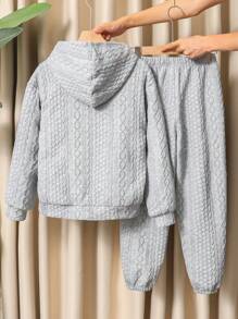 2 件套 Tween 男童休闲保暖连帽开衫和抽绳针织裤，适合日常穿着、度假、运动、春季、夏季、秋季和冬季 - 灰色 - 查看 3