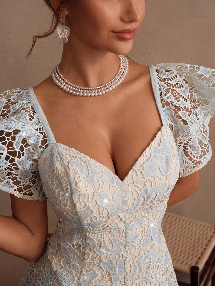 SHEIN Unity Váy xòe tay lỡ thêu sequin thanh lịch màu xanh nhạt cho nữ, dự tiệc, đi chơi, trang phục đi nghỉ - Màu xanh nhạt - Xem 1