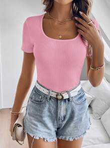 SHEIN Clasi Women's Solid Color Short Sleeve Round Neck Minimalist Fashion T-Shirt, Suitable For Summer