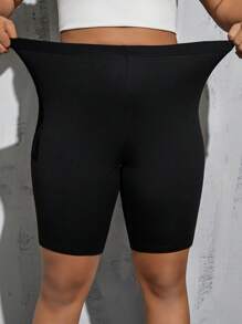 SHEIN Essnce Plus Size Women's Spring And Summer Fashion Leisure Sports High Elasticity Comfortable Basic Daily Versatile Slim Black Mesh Pocket Motorcycle Shorts 2 Packs,Street Wear,Women Bottom,Y2k Clothes,Biker Shorts,Summer Shorts,European Summer - Black - View 3