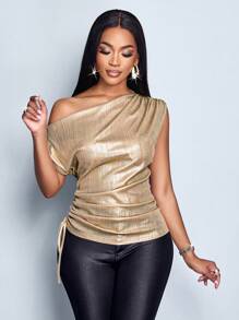 SOLERSUN Women's Solid Color Asymmetrical Neck Drawstring Side Metallic Blouse One Shoulder Top