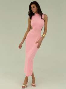 Aloruh Spring & Summer Sexy Halter Open Back Cross Strap Waist Cutout High Neck Sleeveless Backless Slit Dress - Pink - View 2
