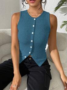 Chiquease Women Casual Ribbed Slim Fitted Slit Back Camisole - Blue - View 3