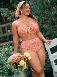 Swim Mod Plus Size Women's Random Ditsy Floral High Waisted Triangle Bikini Bottoms, Holiday Swimwear For Summer Beach Vacation - Multicolor - View 5