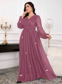 Modelyn Plus Size V-Neck Solid Color Long Sleeve Dress, Fashionable For Summer - Dusty Pink - View 5