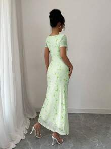 Elenzga 女士优雅玫瑰印花网眼圆领蝴蝶结褶皱紧身连衣裙，春夏季迷人造型，适合情人节 - 綠色 - 查看 2