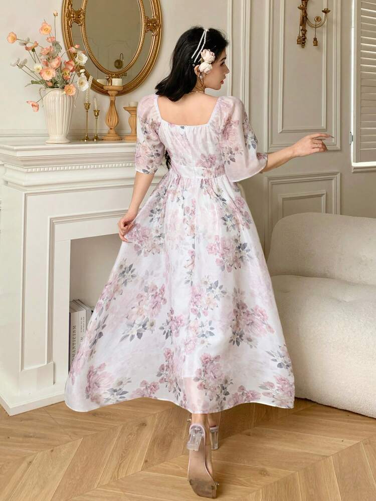 New Summer Elegant Waist Cinched Ditsy Floral Mid-Length Dress For Ladies Easter