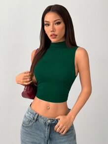 SHEIN PETITE Women Solid Color Pleated Collar Cropped Fitted Casual Tank Top - Green - View 5