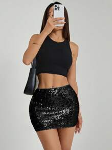 SHEIN PETITE Women's Black Sequin Mini Skirt: Sparkling Party Skirt For A Night Out - Black - View 5