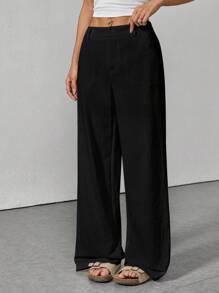 SHEIN PETITE Quần ống rộng lưng thấp màu trơn đơn giản - màu đen - Xem 5