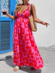 SHEIN VCAY Plus Size Women Red Summer Boho Satin Vacation Holiday Palm Tree Print Crisscross Back Casual Dress,Floral Derby Tropical Beach Graduation Outfits - Multicolor - View 3