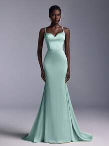 SHEIN Belle Elegant Satin Glossy Minimalist Formal Dress, Sexy V-Neck Cross Back With Gathers, Extra-Large Flared & Fishtail Hem Train For Gala Events, Party Dress, Gown, For Evening, Wedding Guest