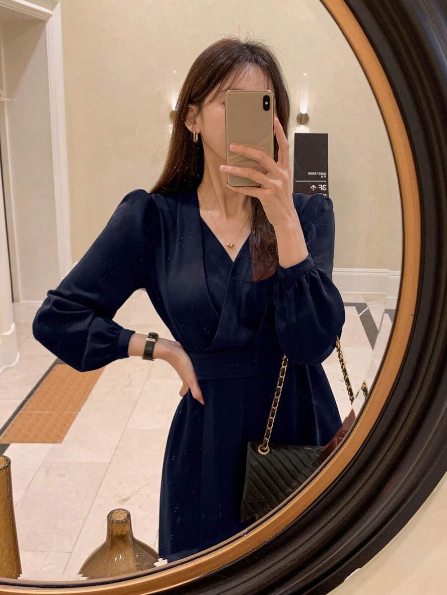 Wynsel 优雅V领连衣裙，法式复古高端奢华温柔淑女风，秋季连衣裙长袖连衣裙 - 藏蓝色 - 查看 1