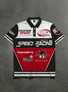 SHEIN Racing Car, Tween Boy Printed Short Sleeve Polo Shirt, Suitable For Summer