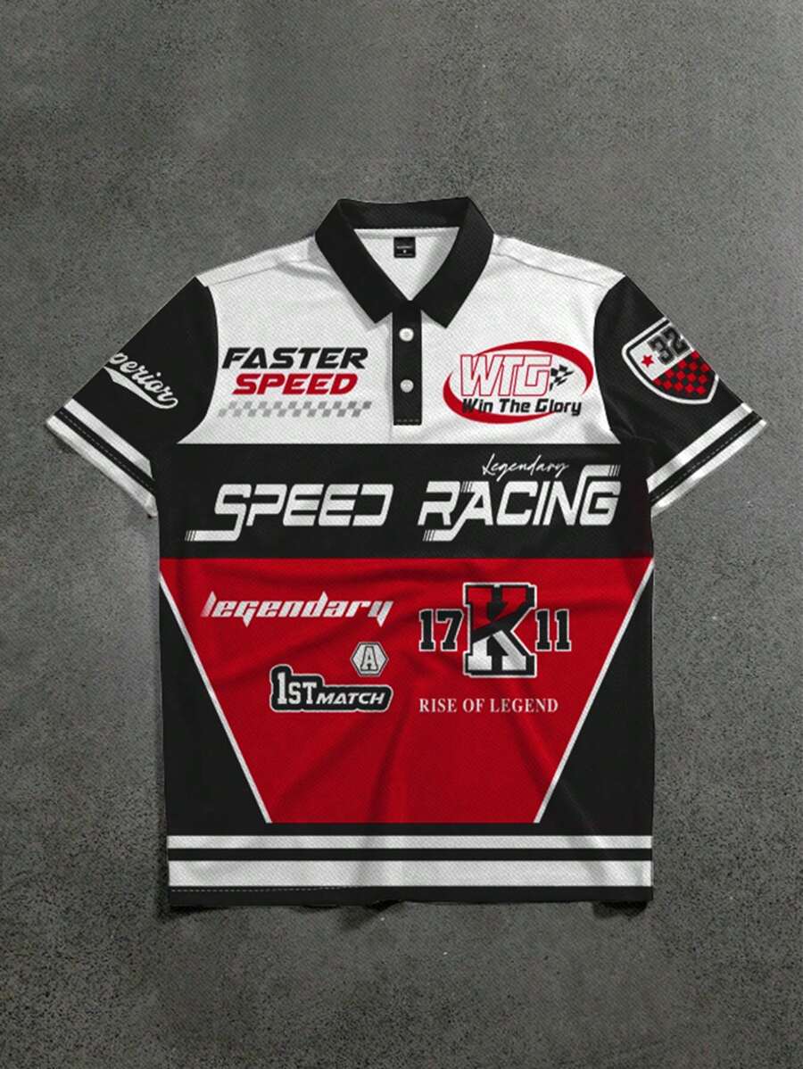 SHEIN Racing Car, Tween Boy Printed Short Sleeve Polo Shirt, Suitable For Summer