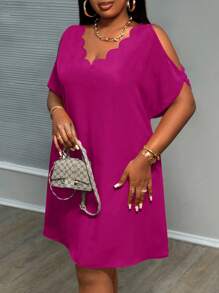 Slaydiva Plus Size Dress With Hollow Sleeves And Scallop Edge Collar - Purple - View 3