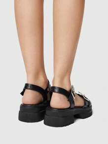 ROMWE Women's Summer Open Toe Dark Rock Punk Goth Roman Beach Sandals, Star Strap Platform Wedge Sandals Spring Shoes Spring Break Easter, Halloween For Christmas - Black - View 4