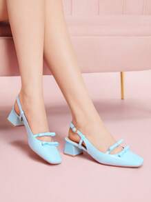 CUCCOO DOLLMOD New Vintage Mary Jane Pumps With Bow Cutout, French Stylish Chunky High Heels - Blue - View 4