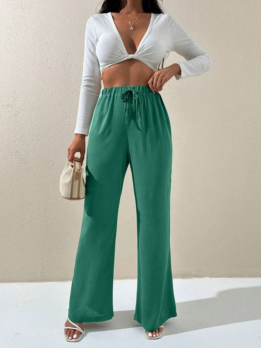 EURMUSE Women Olive Green Pants, Classic Solid Color, Suitable For Summer - Green - View 1