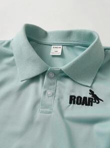 SHEIN 2pcs/Set Young Boy Casual Letter Embroidered Short Sleeve Polo Shirt & Pants Set, Summer - Mint Green - View 4
