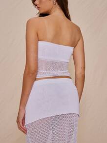 MUSERA Strapless Neckline Knit Cut Out Textured Strapless Bandeau Top Only For Spring Summer Vacation Cute Elegant Sweet Escape Beach Club Evening Party Elegant - White - View 3