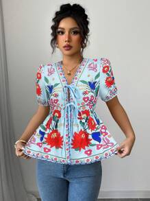 Elenzga Camisa informal con estampado floral y cordón para mujer de vacaciones