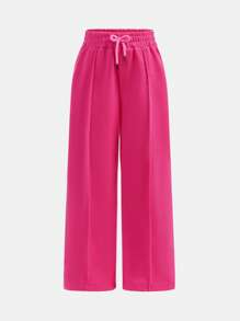 SHEIN Girls Casual Grey High Waist Straight Leg Drawstring Waist Pants, Suitable For Daily Leisure, School, Sports Outfit, Spring/Autumn - Hot Pink - View 3