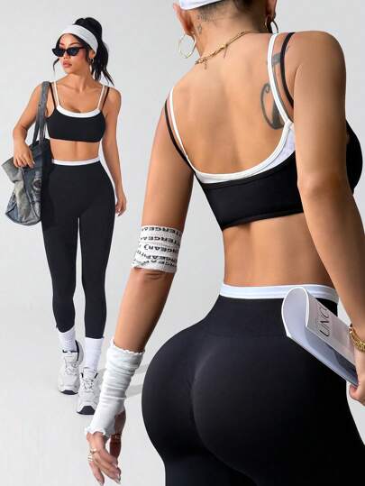 With My Calm 女士撞色拼布吊带背心和紧身裤运动套装健身女士套装