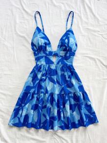 Soleia New Arrival Spring & Summer Casual Vacation Western Beach Wedding Guest Attire Graduation Brunch Women's Dress, St. Patrick's Day Spring Break Easter Music Festival, Elegant Boho Tropical Leaf Print Spaghetti Strap Backless Mini Dress,Summer Dresses For Women - Blue - View 5